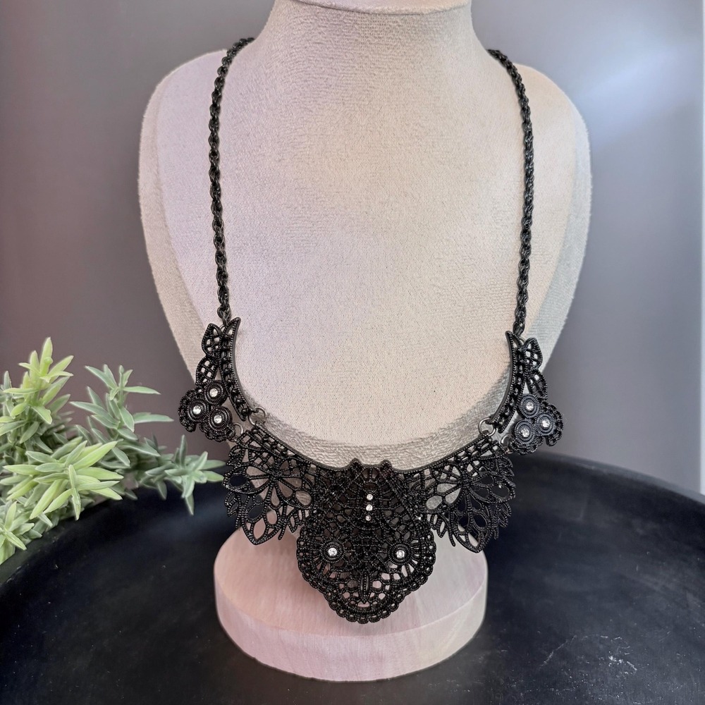 Gothic Owl Statement Necklace 20 In | Black Filigree Bib | Witchy Dark Academia - Picture 3 of 7